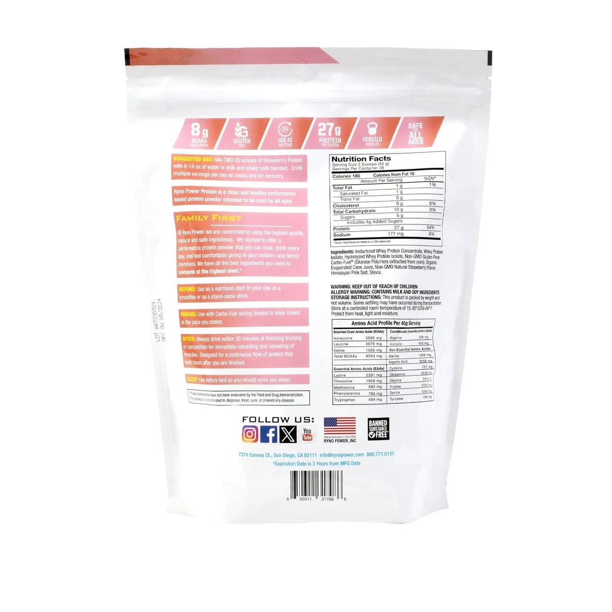 Ryno Power - Strawberry Whey Protein Powder - MOTODLVRD