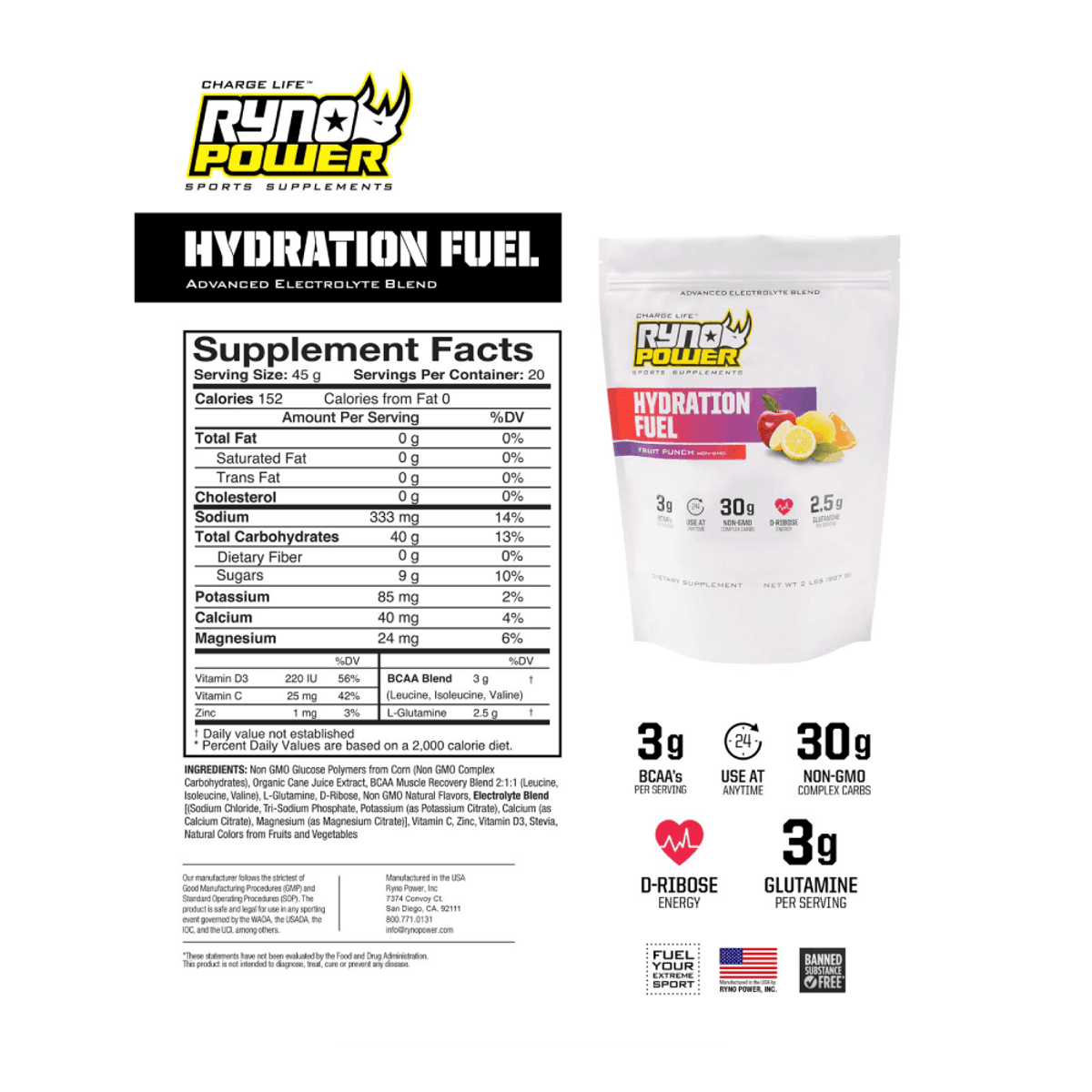 Ryno Power Hydration Fuel Fruit Punch 2lb 20 Servings - MOTODLVRD